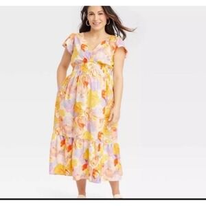 Isabel Maternity Ingrid & Isabel Floral V-Neck Flutter Sleeve Midi Dress XXL